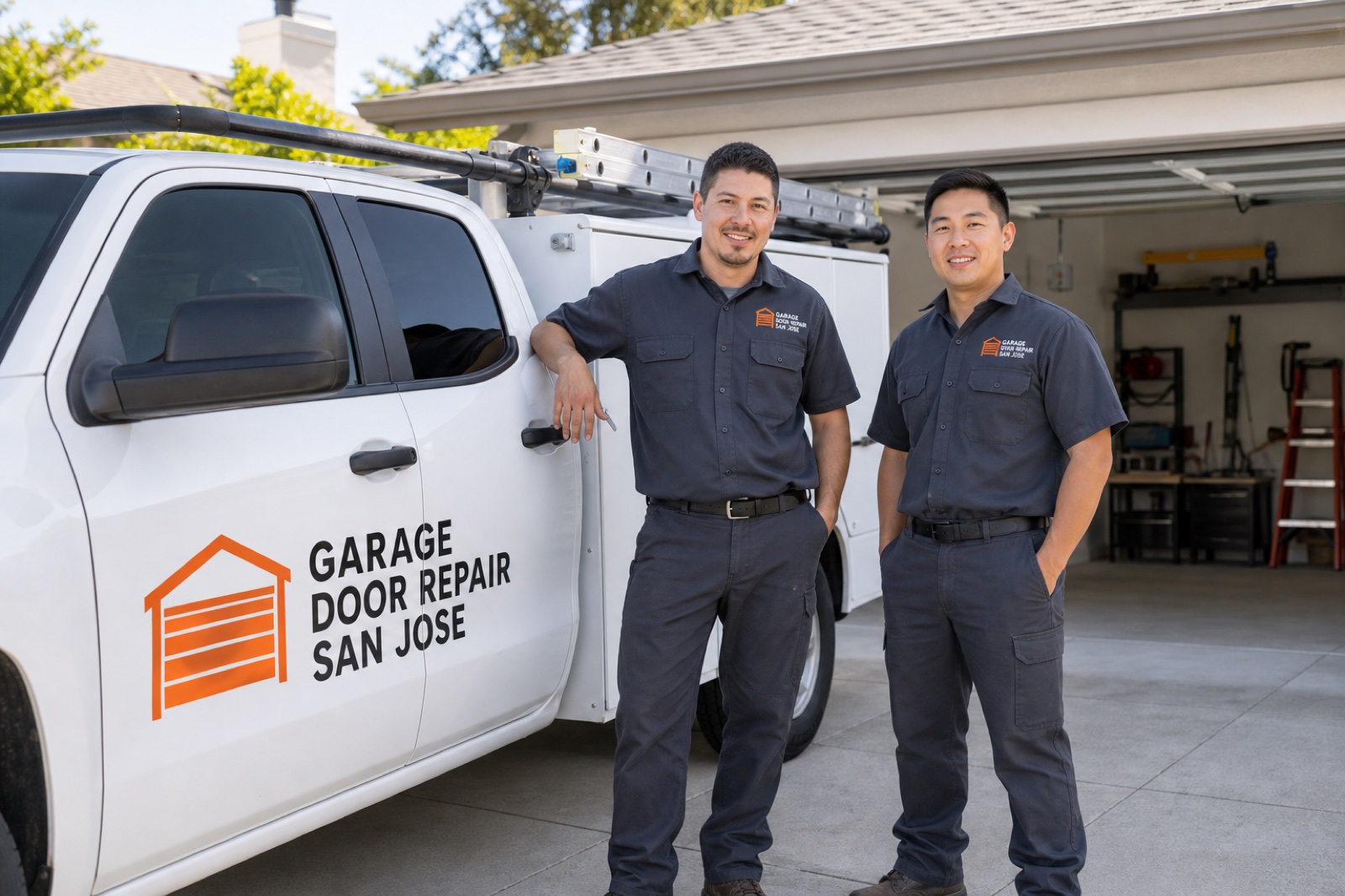 Garage Door Repair San Jose service truck and two uniformed technicians