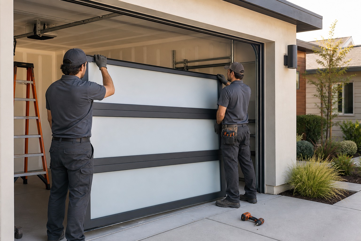 Installers positioning a new sectional garage door