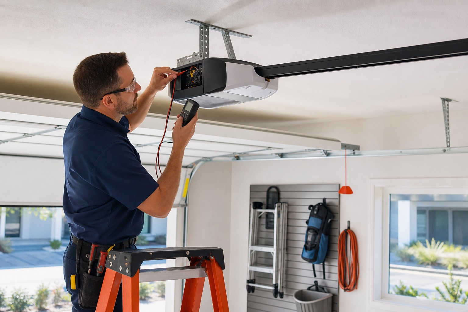 Technician diagnosing a residential garage door opener